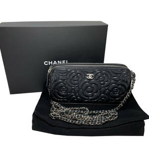 シャネル カメリア チェーンウォレット ポーチ A82527 Wジップ ブラック/シルバー金具 24番台 長財布 CHANEL