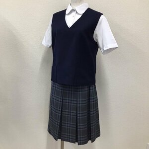 O211/ (中古) 兵庫方面 女子制服 4点 /LL/W72/丈59/8箱/ベスト/半袖ブラウス/冬スカート/靴下/紺/白/チェック柄/冬服/学生服/中学校/高校