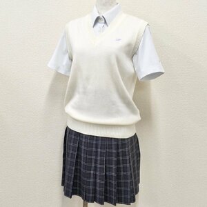 A266/T(中古)栃木県 宇都宮市立星が丘中学校 女子制服3点 /M/L/W69/丈49/ベスト/半袖ブラウス/夏スカート/夏服/夏用/学生服/卒業生品