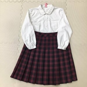 O318/(中古)兵庫県 農業高校 女子制服2点 /大きめ/特大/LL/W78/丈60/20本/半袖ブラウス/夏スカート/しもかわ/赤系/チェック柄/学生服