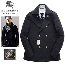 新品！L(3)バーバリーブラックレーベル シャドーチェック×銀ボタン 限定 ナポレオンTYPE 羊毛 Pコート黒■BURBERRY BLACK LABELピーコート_画像1