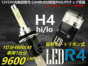 【CANBUS付】PHILIPSチップR4 ヒートリボン式 LEDヘッドライト12V/24V H4 Hi/Lo 切替 大光量合計9600LM 6000K