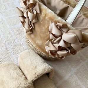 【新品】ボアバッグ リボン ベージュ 茶色 ゴールド
