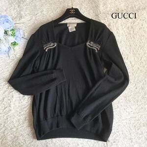 【美品】GUCCI カシミヤ混ニット ビジュー 大きいサイズ スクエアネック 42 XL ブラック ウール グッチ