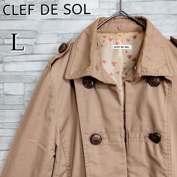CLEF DE SOL クレドソル☆トレンチ風ジャケット Lサイズ キャメル/ライトブラウン ハート総柄 エポレット イカリボタン