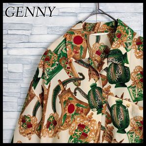 【希少】GENNY☆高級感ある総柄デザインシャツブラウス　L-XL相当　ゴールド/グリーン　日本製　大きいサイズ　レア　ジェニー