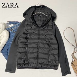 ZARA 良品　冬大人お洒落スタイル　異素材コントラスト　中綿入り　ブラック　フード付きパフジャケット　サイズS ザラ♪