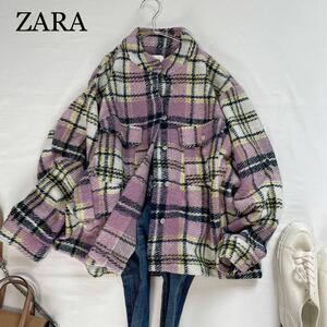 ZARA 冬大人可愛い　ビジューボタン付き　ノーカラー暖かジャケットコート　チェック柄　サイズM ザラ♪