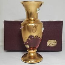 【中古品】BOHEMIA GLASS ボヘミアグラス 金彩 花瓶 花器 ハンドメイド スロバキア 赤 金 25041/81043/25・5 R_画像1