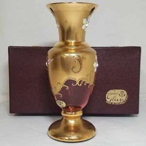 【中古品】BOHEMIA GLASS ボヘミアグラス 金彩 花瓶 花器 ハンドメイド スロバキア 赤 金 25041/81043/25・5 R