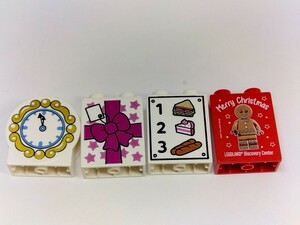 レゴデュプロ 1×2ポッチ プリントブロック　4個セット　時計、プレゼント、1〜3 食べ物、Merry Christmas　パーツ 