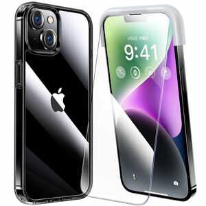 iPhone14 plus用 フィルム付きケース 全面保護セット[耐黄変透明ケース×1, HD強化ガラスフィルム×2]