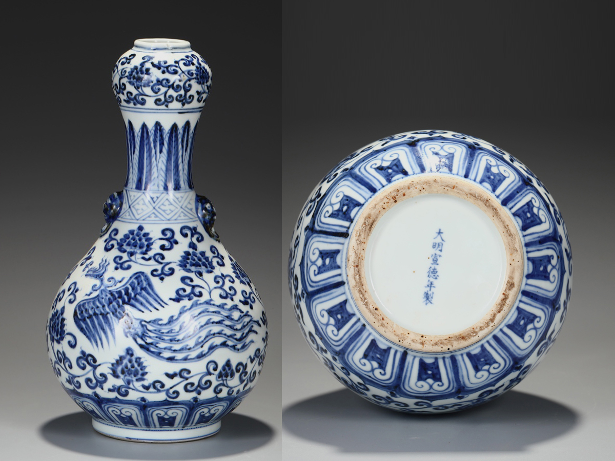 ▽鴻▽明朝時代 陶磁器 青花纏枝龍紋梅瓶 宣徳年製 染付 時代物 中国古