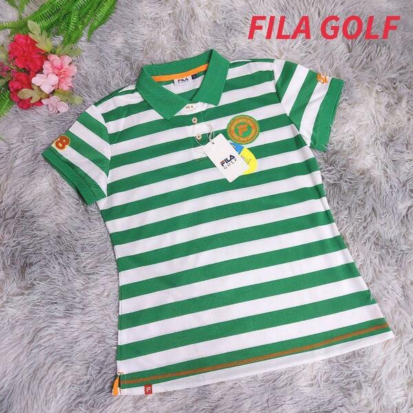 未使用品 FILA GOLF 刺繍&ワッペン・ボーダー柄・半袖ポロシャツ・緑&白 Lサイズ レディース ゴルフ 速乾ドライ 82182