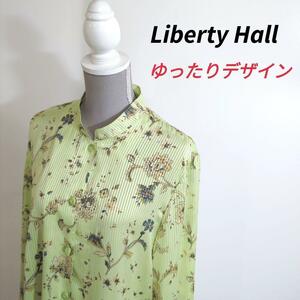 オリエンタル花柄 スタンドカラー ゆったりデザイン 長袖ブラウス 黄緑 Liberty Hall リバティホール シャドーストライプ やや透け感あり