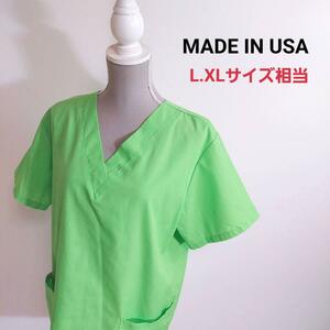 USA製 Vネック半袖エプロンシャツ風・プルオーバー 鮮やかな黄緑 L.XLサイズ相当 アメリカ古着 66432