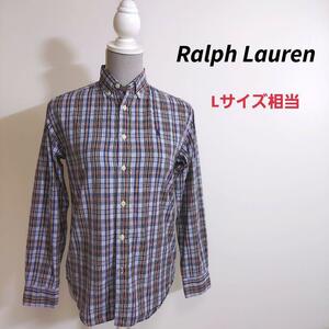 Ralph Lauren ロゴ刺繍・チェック柄 ボタンダウン長袖シャツ 表記M 実質L レディース ラルフローレン 81382