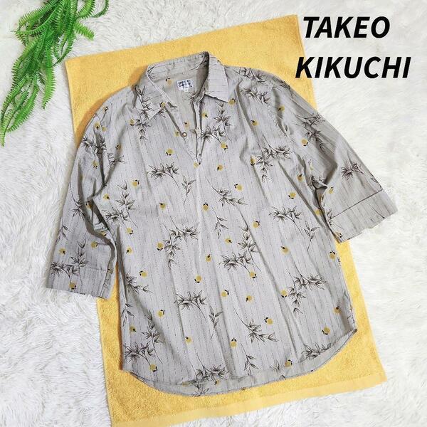 TAKEO KIKUCHI リネン風・ボタニカル総柄・七分袖シャツ 表記サイズ3 L カーキっぽいグレージュ フルーツ 透け感なし プルオーバー 82555