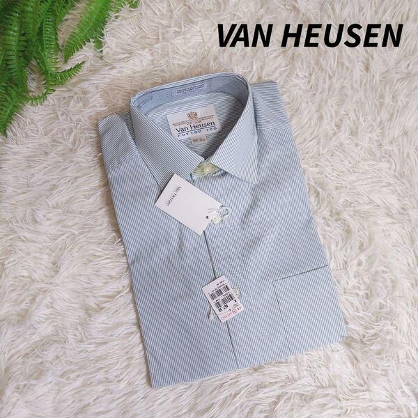 未使用品 VAN HEUSEN ストライプ長袖シャツ・綿100%ワイシャツ ミントブルー&グレー&白 MとLの中間くらい81934