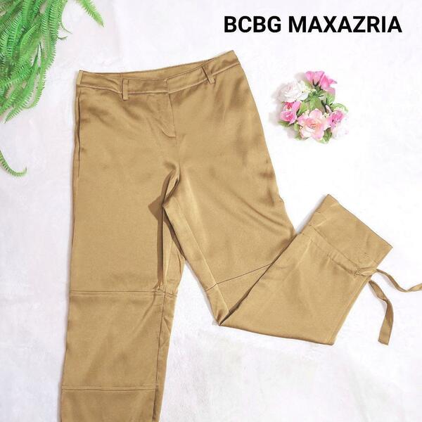 BCBG MAXAZRIA ゆったりデザイン 春夏向けパンツ 表記サイズXS うぐいす色 光沢感あり 裾にリボン風の絞り紐あり 80737