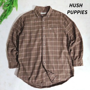 HUSH PUPPIES ロゴ刺繍 コットン素材 チェック柄 ネルシャツ 表記サイズL 茶色ブラウン ヘリンボーン ハッシュパピー82672