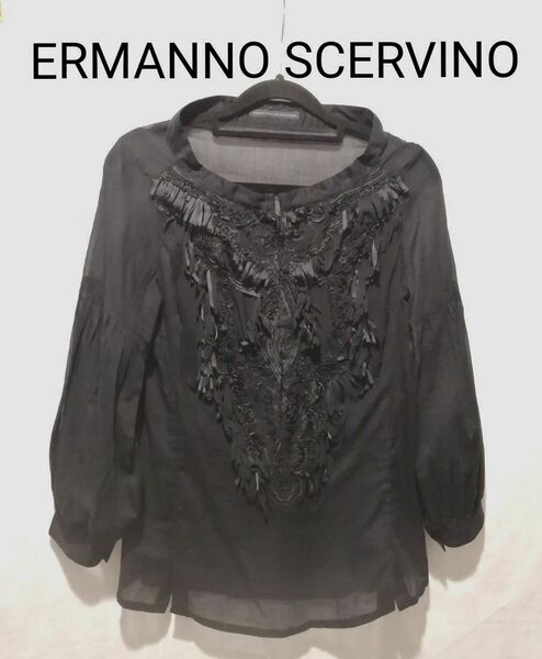 ERMANNO SCERVINO エルマンノシェルヴィーノ フリンジデザイン シアーシャツ トップス イタリア製 美品 黒 40