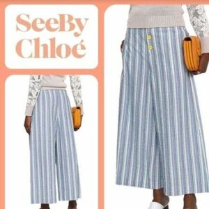 See By Chloe シーバイクロエ ボタンディテールシーカスキュロット コットンワイドパンツ マルチストライプ ブルー系34