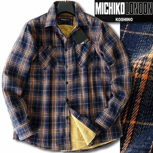 新品 ミチコロンドン 裏ボア フランネル シャツ ブルゾン M 紺 橙 【3WML-B260_NA】 MICHIKO LONDON 秋冬 メンズ ジャケット ネルシャツ