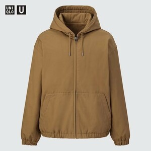 美品 茶L Uniqlo U フーデッドジップアップブルゾン ブラウン Lサイズ 中綿 ダック生地 アクティブジャケット風 2022AW ユニクロ×ルメール