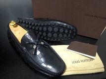 超美品 未使用 ヴィトン 8.5M LOUIS VUITTON ♯FA0130 ダミエアンフィニ リボンドライビングスリッポン 箱付 黒 7852_画像1