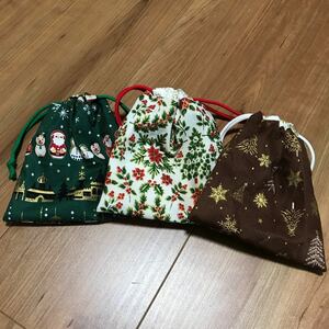 ハンドメイド ぺたんこミニミニ巾着セット1 クリスマスカラー