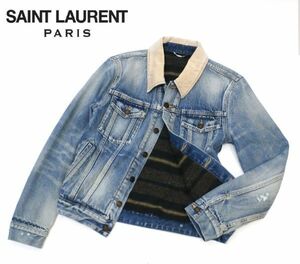 国内正規品 Saint Laurent Paris 530366 襟コーデュロイ裏地ブランケット デニムジャケット サンローランパリ ダメージ加工 GジャンXS J-13