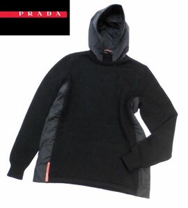 国内正規品 PRADA SPORT LOGO ナイロン切替 ニットパーカー プラダスポーツ ロゴ 2WAY ミドルゲージセーター ブラック 52 イタリア製 JA-32