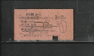 S27.-1 国鉄東京印刷 川崎から地図式10円区間 A型 3等 硬券乗車券 下パンチ券