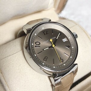 1円〜 Louis Vuitton タンブール Q1312 QZ ブラウン文字盤 デイト ラウンド レディース/ボーイズ腕時計 稼働品
