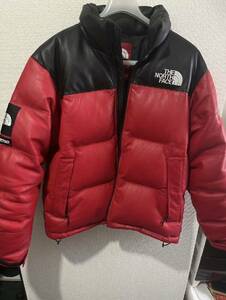 supreme north face leather nuptse jacket red m