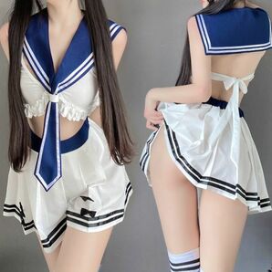 2688白＆紺 エロ可愛い 超セクシー 大胆セーラー服 トップス スカート ネクタイ Tショーツ 学生制服 コスプレ 仮装 撮影 コスチュームの画像1