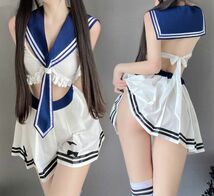 2688白＆紺 エロ可愛い 超セクシー 大胆セーラー服 トップス スカート ネクタイ Tショーツ 学生制服 コスプレ 仮装 撮影 コスチューム_画像1