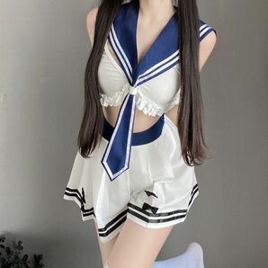 2688白＆紺 エロ可愛い 超セクシー 大胆セーラー服 トップス スカート ネクタイ Tショーツ 学生制服 コスプレ 仮装 撮影 コスチュームの画像7