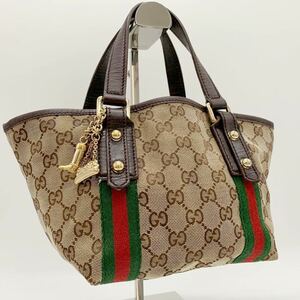 美品 1円 グッチ GUCCI ミニトートバッグ キャンバス GG柄 シェリーライン チャーム レザー 本革 レディース ブラウンハンドバッグ