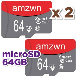 【送料無料】2枚セット マイクロSDカード 64GB 2枚 class10 UHS-I 2個 microSD microSDXC マイクロSD AMZWN 64GB RED-GRAY