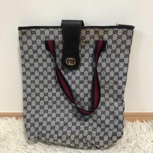 1円スタート GUCCI オールドグッチ キャンバス レザー トートバッグ GG柄 シェリーライン ネイビー ブラック