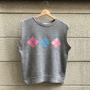 80s USA製 ノースリーブ スウェットシャツ トレーナー アーガイル柄 杢グレー Shoreline Sportswear アメリカ製 古着 vintage ヴィンテージ