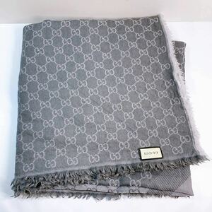 363☆中古☆ GUCCI グッチ 大判 ストール ウール シルク GG 総柄 グレー リバーシブル フリンジ マフラー ショール 防寒具 現状品