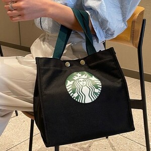 新品　スタバ トートバッグ ランチバッグ　ハンド バック　ブラック　キャンバス　男女兼用 大容量　黒トートバッグ　 かばん