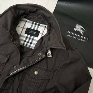 美品 レア BURBERRY BLACK LABEL バーバリーブラックレーベル ミリタリーシャツジャケット 比翼仕立て ノバチェック ホース刺繍 茶 M #2584