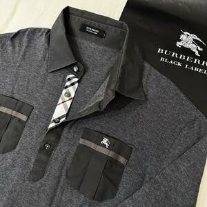 レア BURBERRY BLACK LABEL バーバリーブラックレーベル 長袖ポロシャツ 前立ノバチェック ホース刺繍 グレー 2(M) 日本製 #2592