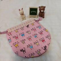 cat(ピンク)　ハンドメイド　巾着　巾着ポーチ　ころん　ねこ　小物入れ　収納_画像2