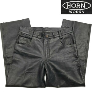 大きいサイズ★HORN WORKS★W34レザーパンツ黒メンズ本革ホーンワークス本皮ブラックライディング革パンツツーリングライダース角石 SZP66