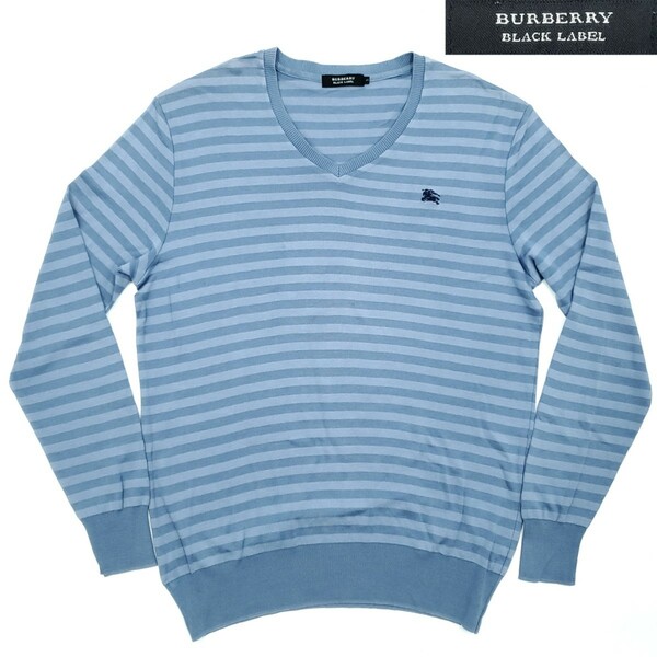 廃番Vネック★BURBERRY BLACK LABEL★L位3長袖ロングTシャツ水色ボーダーホース刺繍メンズバーバリーブラックレーベル三陽商会正規品SZJ137